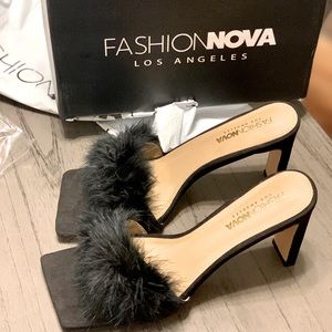 Black Faux Fur Mules